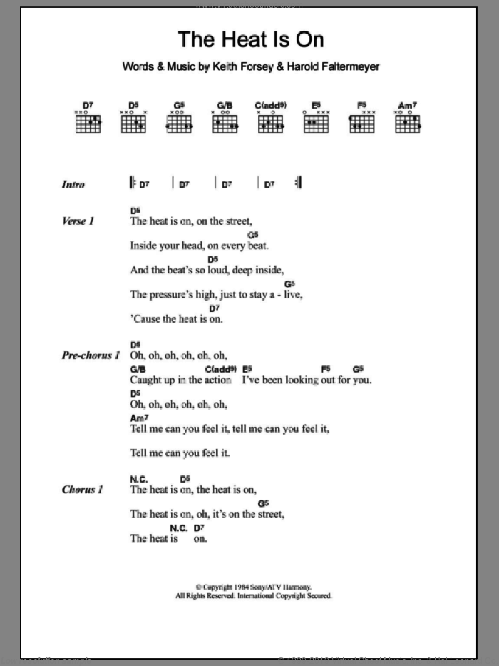 The Heat Is On sheet music for guitar (chords) by Glenn Frey, Harold Faltermeyer and Keith Forsey, intermediate skill level