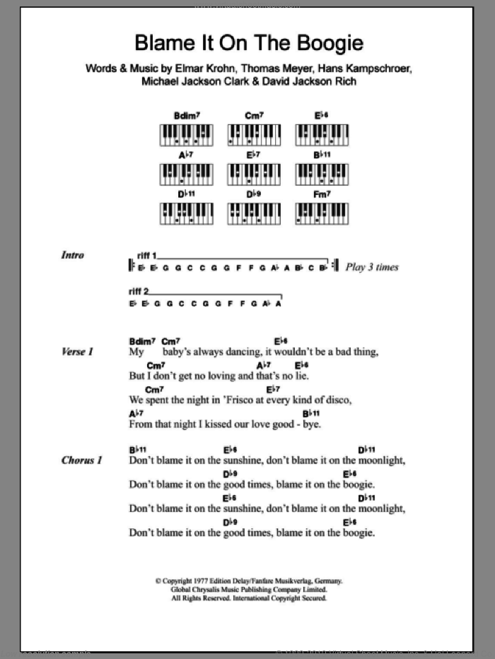 Blame It On The Boogie sheet music for piano solo (chords, lyrics, melody) by The Jackson 5, David Jackson Rich, Elmar Krohn, Hans Kampschroer and Thomas Meyer, intermediate piano (chords, lyrics, melody)