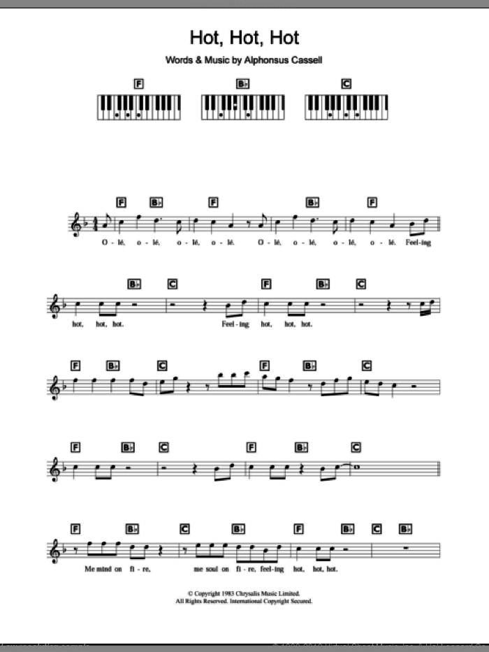 Hot Hot Hot sheet music for piano solo (chords, lyrics, melody) by Buster Poindexter and Alphonsus Cassell, intermediate piano (chords, lyrics, melody)