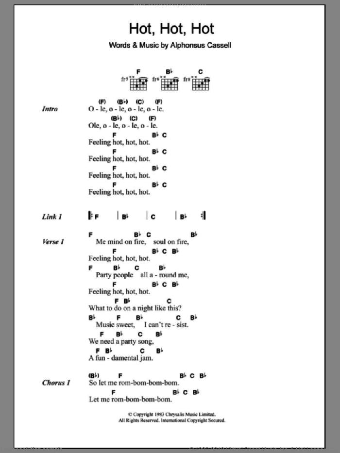 Hot Hot Hot sheet music for guitar (chords) by Buster Poindexter and Alphonsus Cassell, intermediate skill level