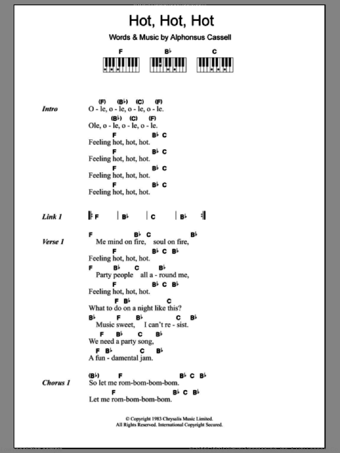 Hot Hot Hot sheet music for piano solo (chords, lyrics, melody) by Buster Poindexter and Alphonsus Cassell, intermediate piano (chords, lyrics, melody)
