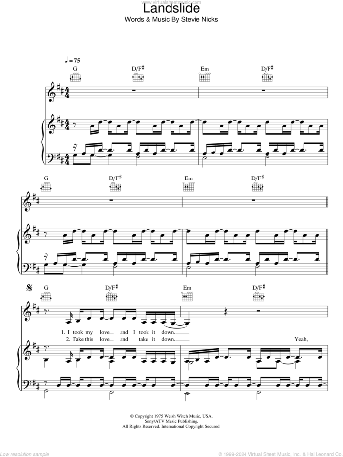 Landslide sheet music for voice, piano or guitar by Glee Cast, Fleetwood Mac and Stevie Nicks, intermediate skill level