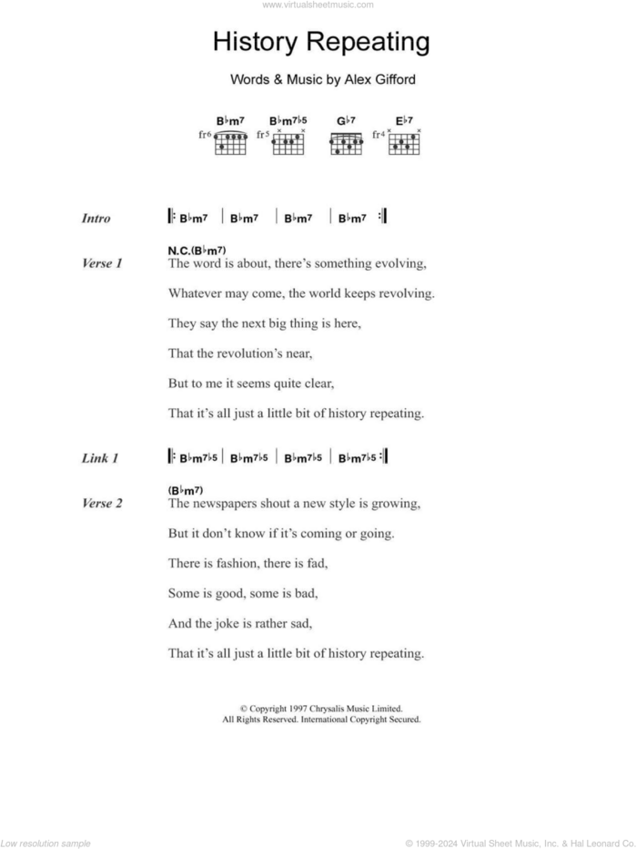 History Repeating sheet music for guitar (chords) by Shirley Bassey, Propellerheads and Alex Gifford, intermediate skill level