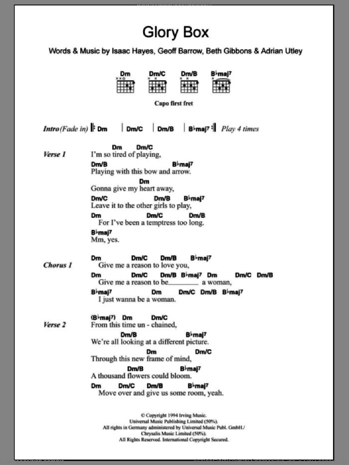 Glory Box sheet music for guitar (chords) by Portishead, Adrian Utley, Beth Gibbons, Geoff Barrow and Isaac Hayes, intermediate skill level