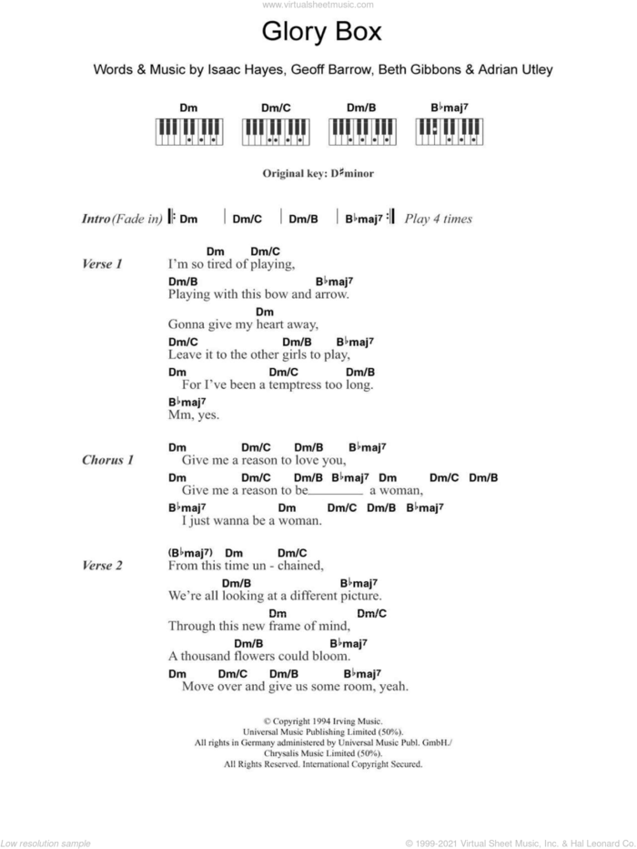 Glory Box sheet music for piano solo (chords, lyrics, melody) by Portishead, Adrian Utley, Beth Gibbons, Geoff Barrow and Isaac Hayes, intermediate piano (chords, lyrics, melody)