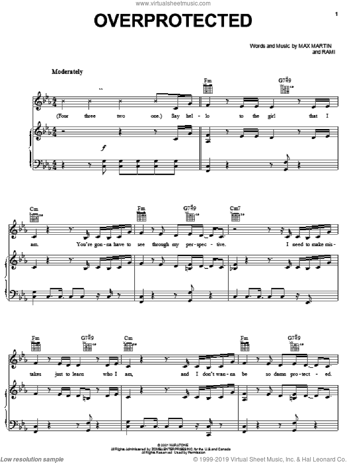 Overprotected sheet music for voice, piano or guitar by Britney Spears, Max Martin and Rami, intermediate skill level