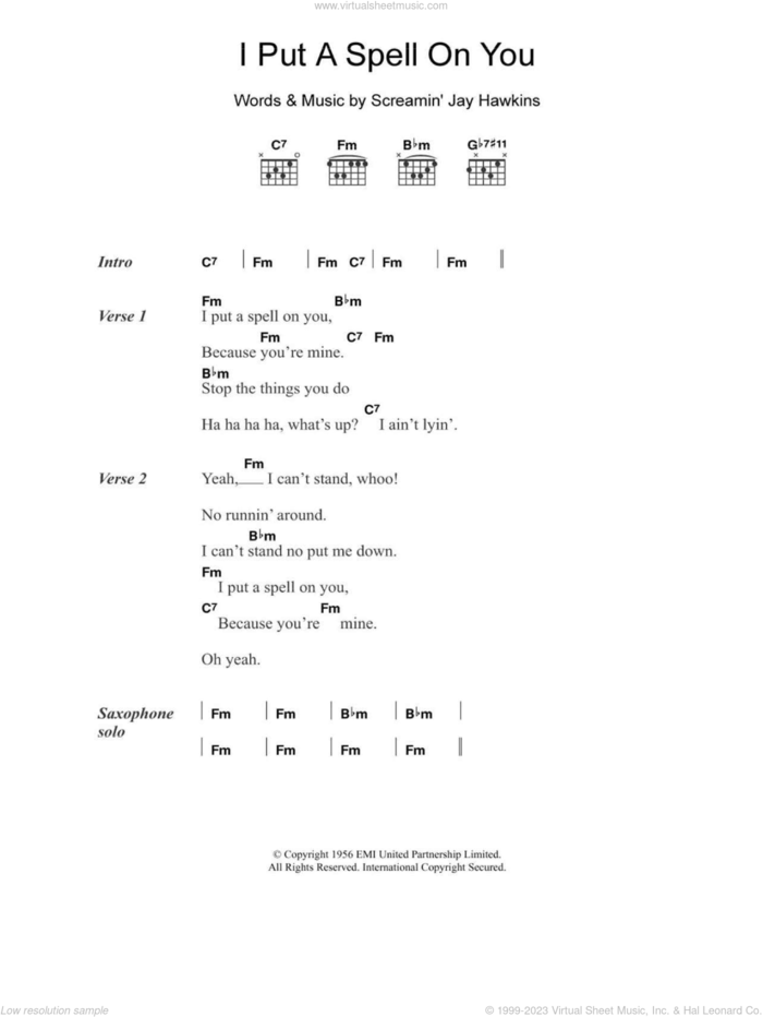 I Put A Spell On You sheet music for guitar (chords) by Screamin' Jay Hawkins, intermediate skill level