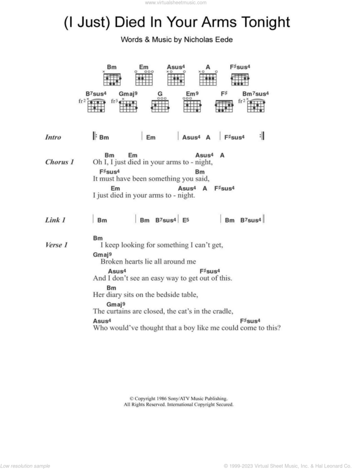 (I Just) Died In Your Arms Tonight sheet music for guitar (chords) by Cutting Crew and Nick van Eede, intermediate skill level