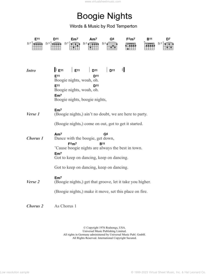 Boogie Nights sheet music for guitar (chords) by Heatwave and Rod Temperton, intermediate skill level