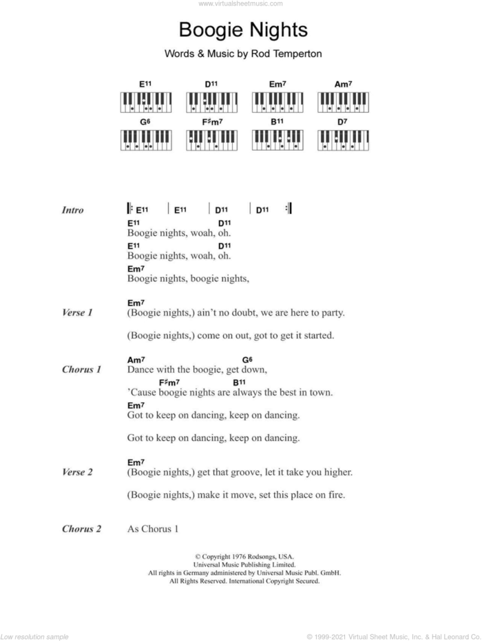 Boogie Nights sheet music for piano solo (chords, lyrics, melody) by Heatwave and Rod Temperton, intermediate piano (chords, lyrics, melody)
