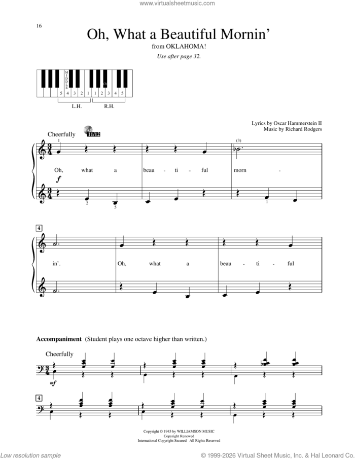 Oh, What A Beautiful Mornin' (from Oklahoma) sheet music for piano solo (elementary) by Rodgers & Hammerstein, Oscar II Hammerstein and Richard Rodgers, beginner piano (elementary)