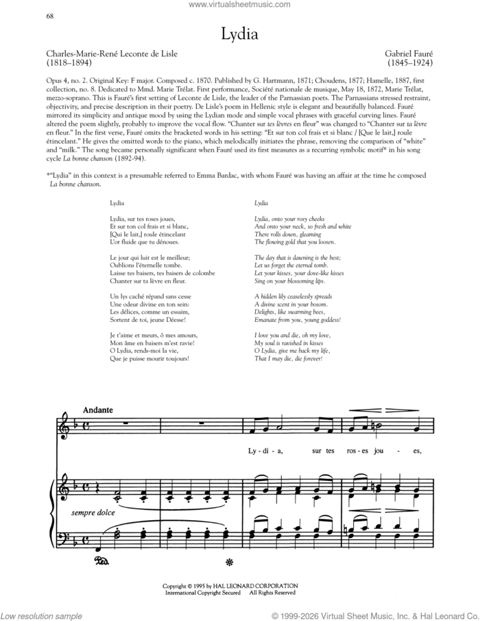 Lydia sheet music for voice and piano (High Voice) by Leconte de Lisle and Gabriel Faure, classical score, intermediate skill level