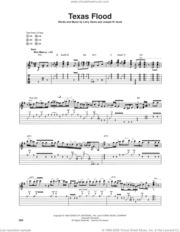 Texas Flood sheet music for guitar (tablature) by Stevie Ray Vaughan, Josey Scott and Larry Davis, intermediate skill level