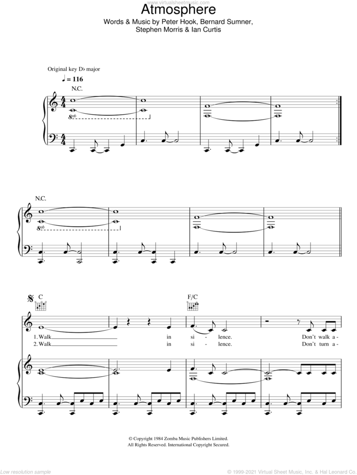 Atmosphere sheet music for voice, piano or guitar by Joy Division, Bernard Sumner, Ian Curtis, Peter Hook and Stephen Morris, intermediate skill level