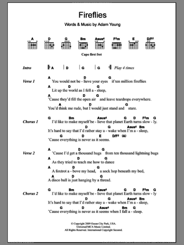 Fireflies sheet music for guitar (chords) by Owl City and Adam Young, intermediate skill level