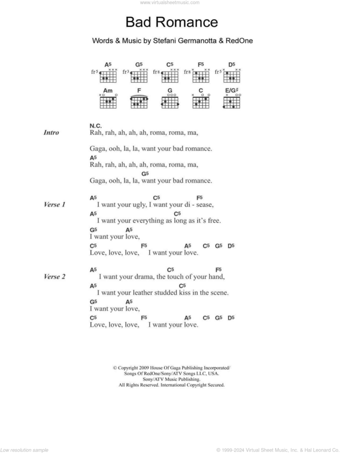 Bad Romance sheet music for guitar (chords) by Lady GaGa and RedOne, intermediate skill level