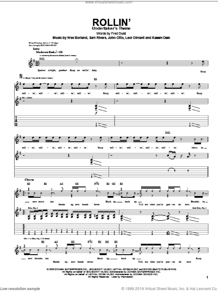 Rollin' sheet music for guitar (tablature) by Limp Bizkit, Fred Durst, John Otto, Kaseem Dean, Leor Dimant, Sam Rivers and Wes Borland, intermediate skill level