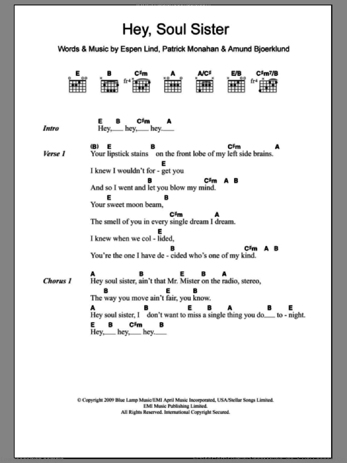 Hey, Soul Sister sheet music for guitar (chords) by Train, Amund Bjoerklund, Espen Lind and Pat Monahan, intermediate skill level