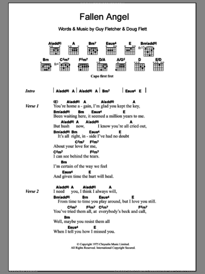 Fallen Angel sheet music for guitar (chords) by Frankie Valli & The Four Seasons, Doug Flett, Frankie Valli and Guy Fletcher, intermediate skill level