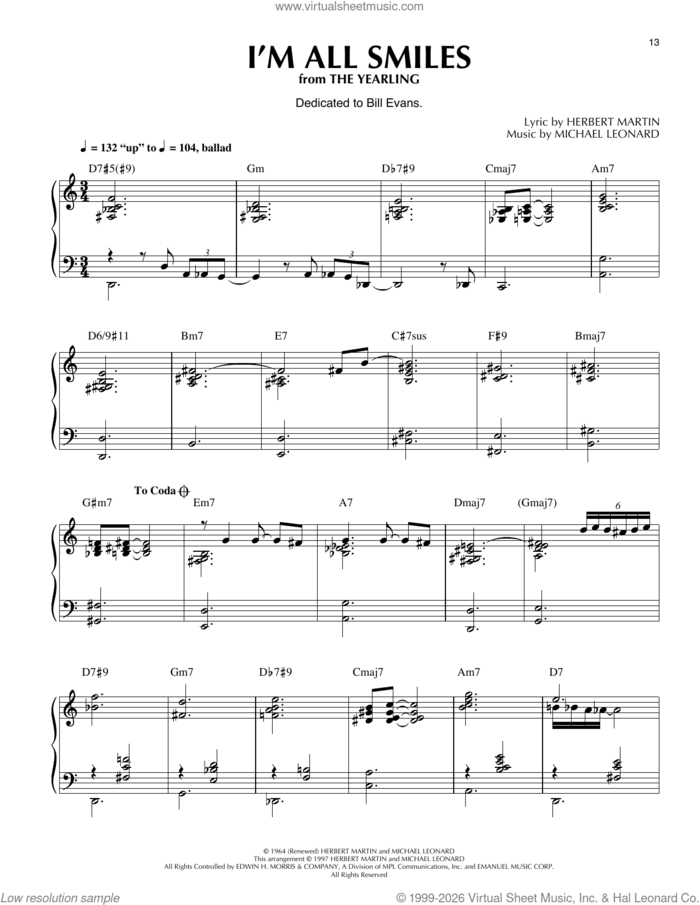I'm All Smiles (from The Yearling) (arr. Thomas Coppola) sheet music for piano solo by Herbert Martin, Thomas Coppola and Michael Leonard, intermediate skill level