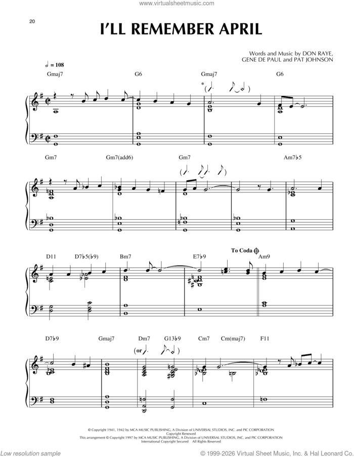 I'll Remember April (arr. Thomas Coppola) sheet music for piano solo by Woody Herman & His Orchestra, Thomas Coppola, Don Raye, Gene DePaul and Pat Johnston, intermediate skill level