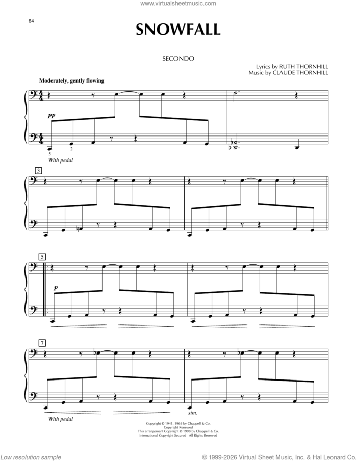 Snowfall sheet music for piano four hands by Tony Bennett, Claude Thornhill and Ruth Thornhill, intermediate skill level