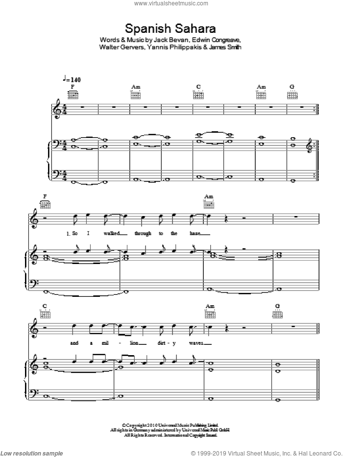 Spanish Sahara sheet music for voice, piano or guitar by Foals, Edwin Congreave, Jack Bevan, James Smith, Walter Gervers and Yannis Philippakis, intermediate skill level