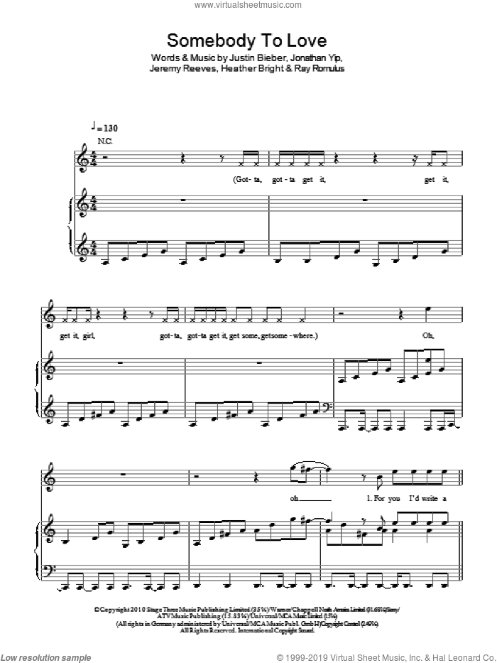 Somebody To Love sheet music for voice, piano or guitar by Glee Cast, Heather Bright, Jeremy Reeves, Jonathan Yip, Justin Bieber and Ray Romulus, intermediate skill level