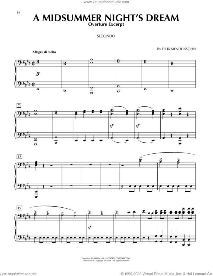 A Midsummer Night's Dream Overture, Excerpt sheet music for piano four hands by Felix Mendelssohn-Bartholdy, classical score, intermediate skill level