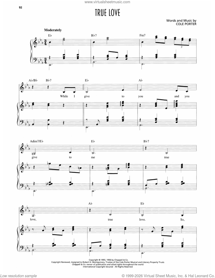 True Love sheet music for voice and piano by Patsy Cline and Cole Porter, intermediate skill level