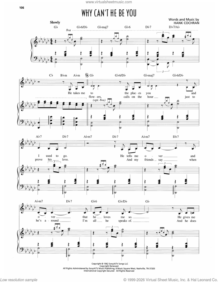 Why Can't He Be You sheet music for voice and piano by Patsy Cline and Hank Cochran, intermediate skill level