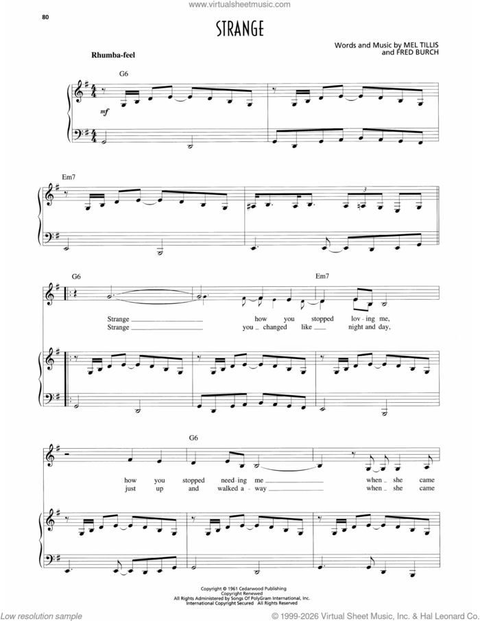 Strange sheet music for voice and piano by Patsy Cline, Fred Burch and Mel Tillis, intermediate skill level