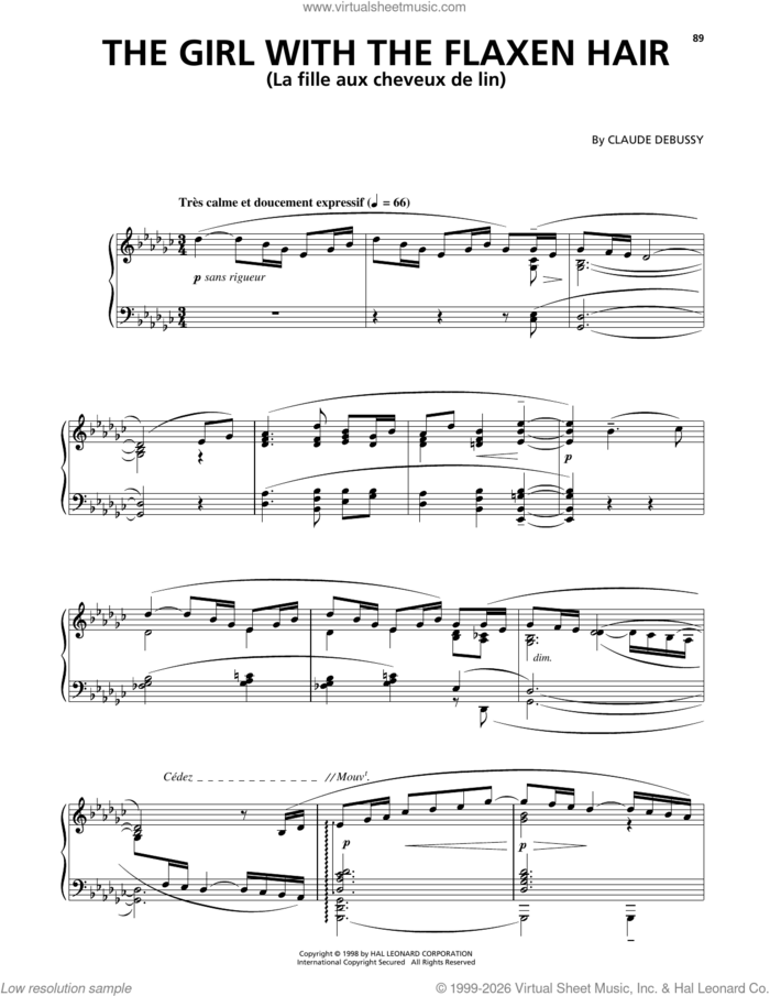 La Fille Aux Cheveux De Lin (The Girl With The Flaxen Hair) sheet music for piano solo by Claude Debussy, classical score, intermediate skill level