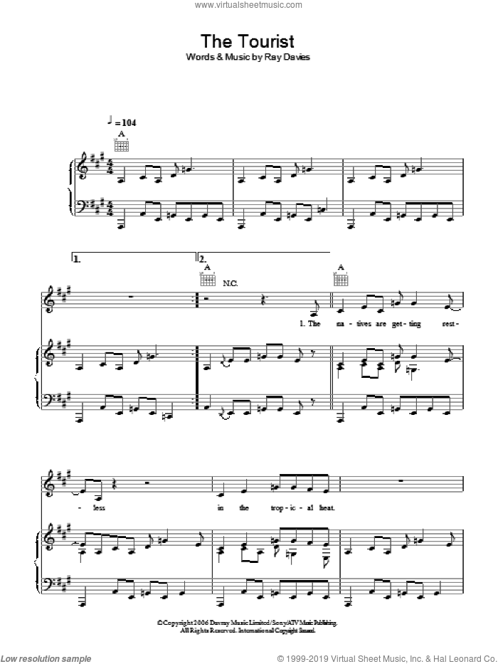 The Tourist sheet music for voice, piano or guitar by Ray Davies, intermediate skill level