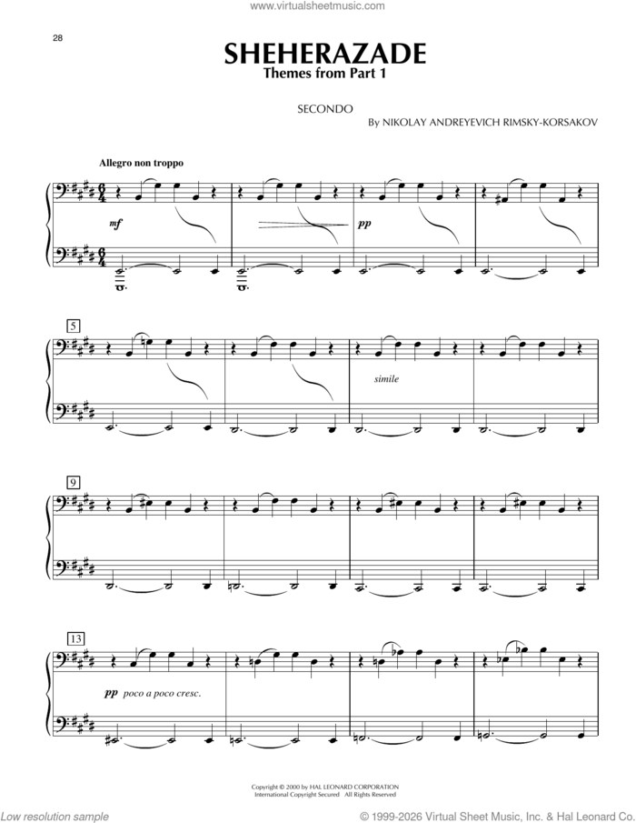 Sheherazade, Themes from Part 1 sheet music for piano four hands by Nikolay A. Rimsky-Korsakov, classical score, intermediate skill level