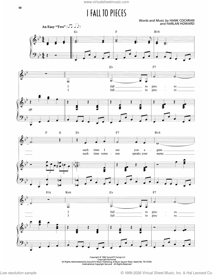 I Fall To Pieces sheet music for voice and piano by Patsy Cline, Hank Cochran and Harlan Howard, intermediate skill level