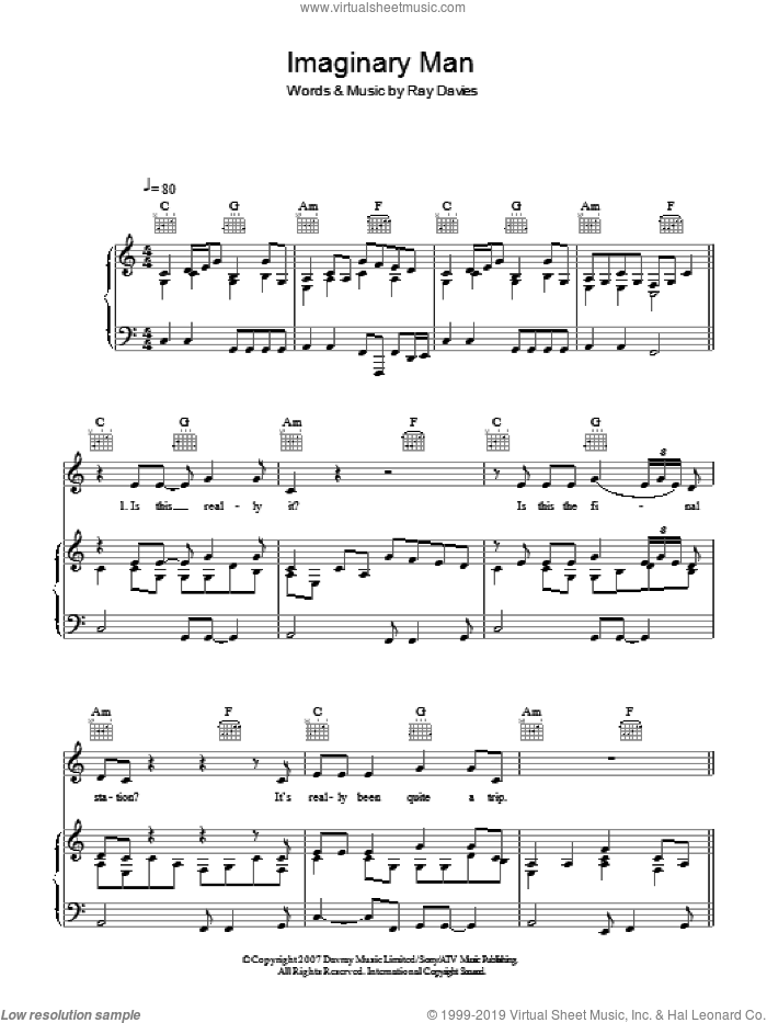 Imaginary Man sheet music for voice, piano or guitar by Ray Davies, intermediate skill level