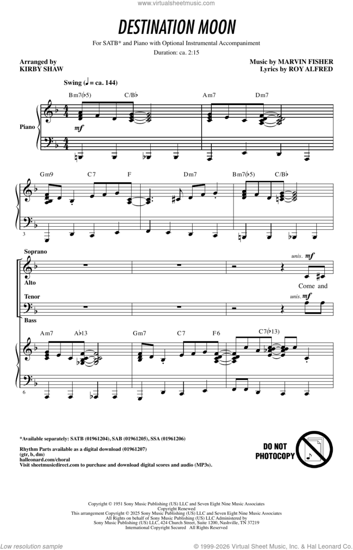 Destination Moon (arr. Kirby Shaw) sheet music for choir (SATB: soprano, alto, tenor, bass) by Nat King Cole, Kirby Shaw, Marvin Fisher and Roy Alfred, intermediate skill level