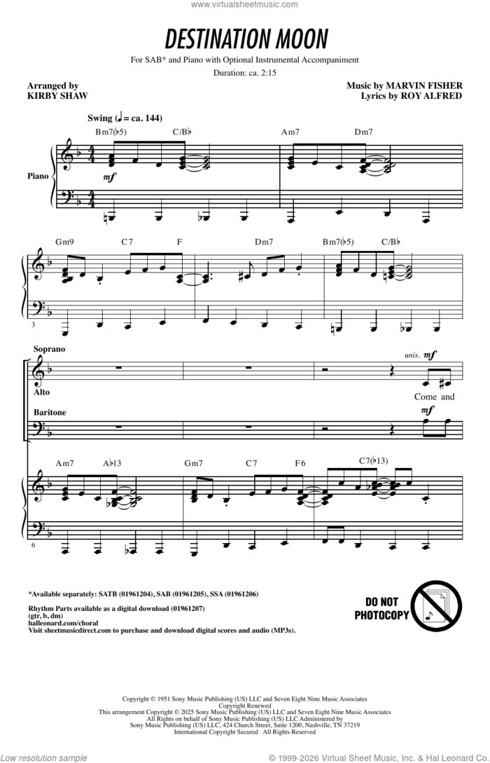 Destination Moon (arr. Kirby Shaw) sheet music for choir (SAB: soprano, alto, bass) by Nat King Cole, Kirby Shaw, Marvin Fisher and Roy Alfred, intermediate skill level