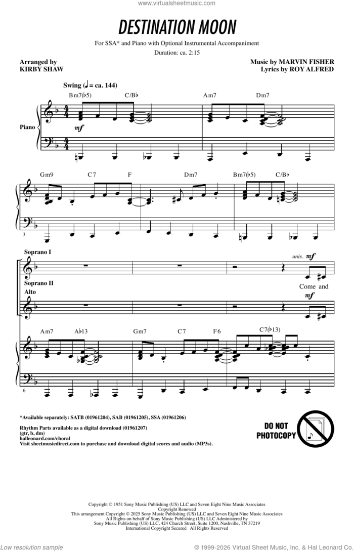 Destination Moon (arr. Kirby Shaw) sheet music for choir (SSA: soprano, alto) by Nat King Cole, Kirby Shaw, Marvin Fisher and Roy Alfred, intermediate skill level