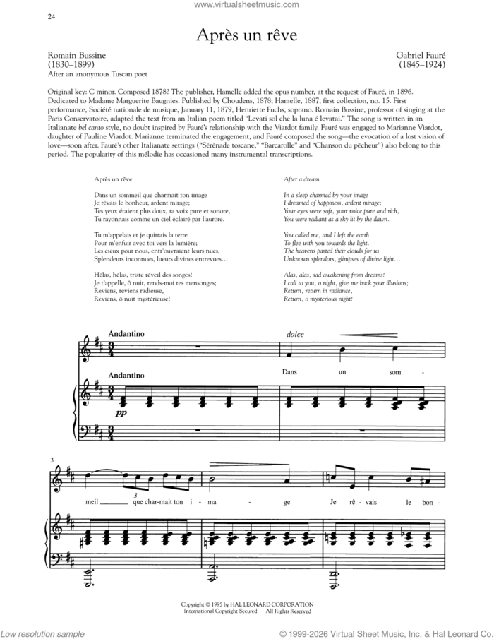 Apres Un Reve sheet music for voice and piano (Low Voice) by Gabriel Faure and Romain Bussine, classical score, intermediate skill level