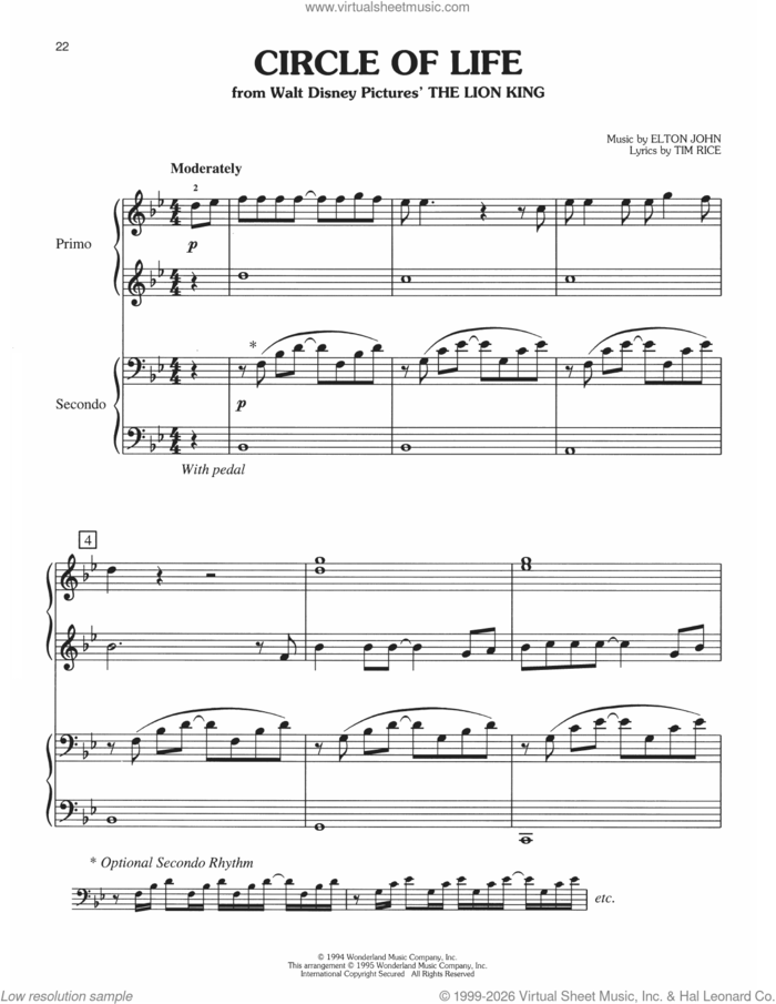 Circle Of Life (from The Lion King) sheet music for piano four hands by Elton John and Tim Rice, intermediate skill level