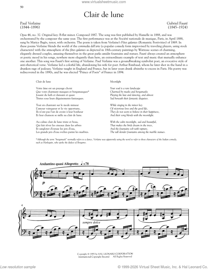 Clair De Lune sheet music for voice and piano (Low Voice) by Paul Verlaine and Gabriel Faure, classical score, intermediate skill level