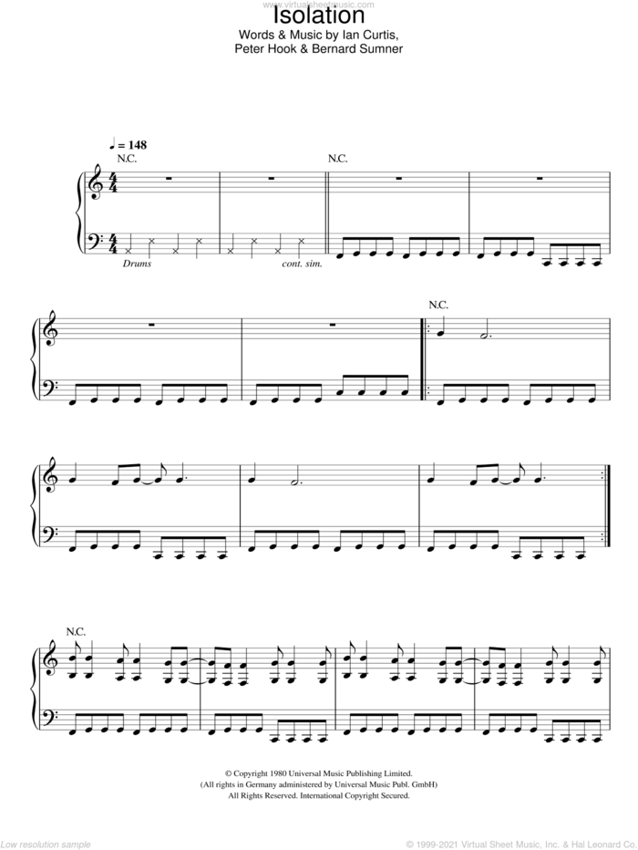 Isolation sheet music for voice, piano or guitar by Joy Division, Bernard Sumner, Ian Curtis and Peter Hook, intermediate skill level