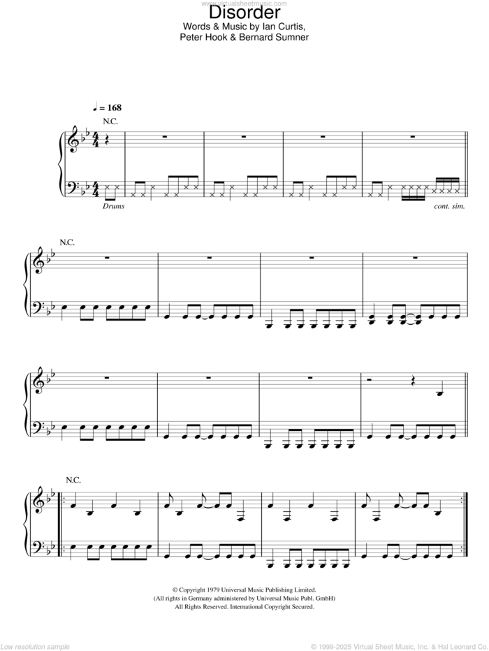 Disorder sheet music for voice, piano or guitar by Joy Division, Bernard Sumner, Ian Curtis, Peter Hook and Stephen Morris, intermediate skill level