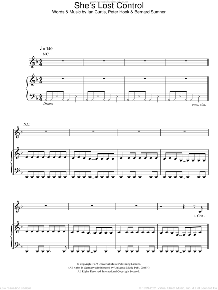 She's Lost Control sheet music for voice, piano or guitar by Joy Division, Bernard Sumner, Ian Curtis, Peter Hook and Stephen Morris, intermediate skill level