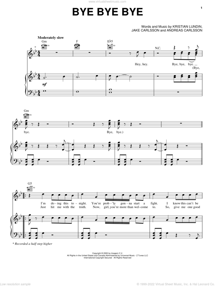 Bye Bye Bye sheet music for voice, piano or guitar by 'N Sync, Andreas Carlsson, Jake Carlsson and Kristian Lundin, intermediate skill level
