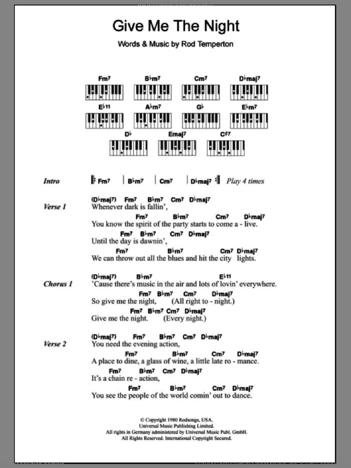 Give Me The Night sheet music for piano solo (chords, lyrics, melody) by George Benson and Rod Temperton, intermediate piano (chords, lyrics, melody)