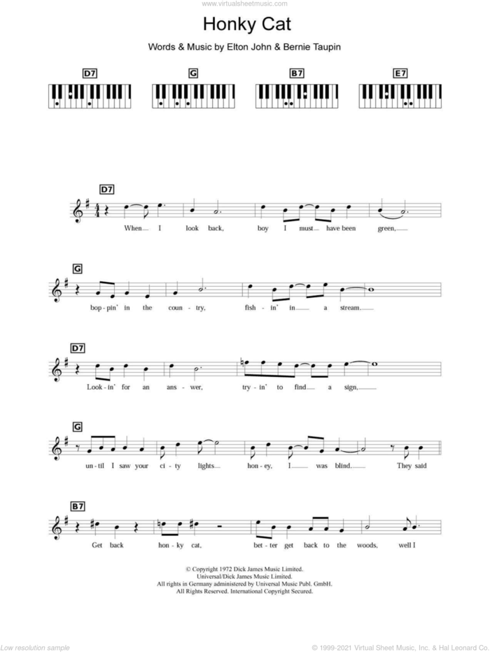 Honky Cat sheet music for piano solo (chords, lyrics, melody) by Elton John and Bernie Taupin, intermediate piano (chords, lyrics, melody)