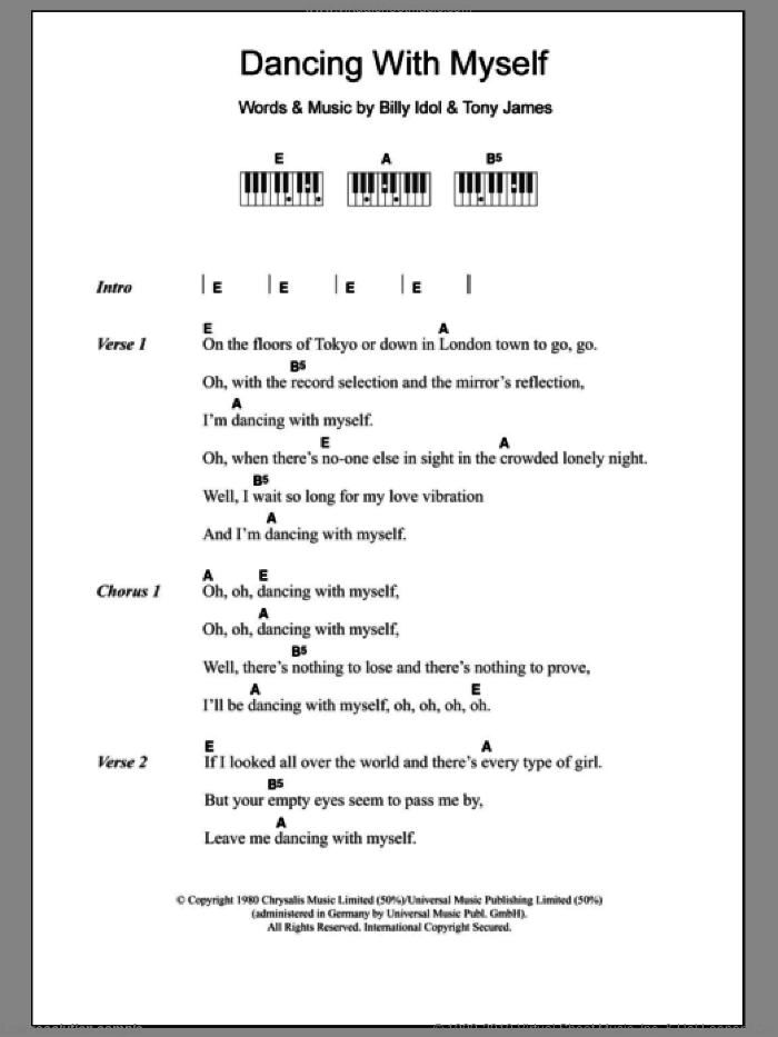 Dancing With Myself sheet music for piano solo (chords, lyrics, melody) by Billy Idol, Generation X and Tony James, intermediate piano (chords, lyrics, melody)
